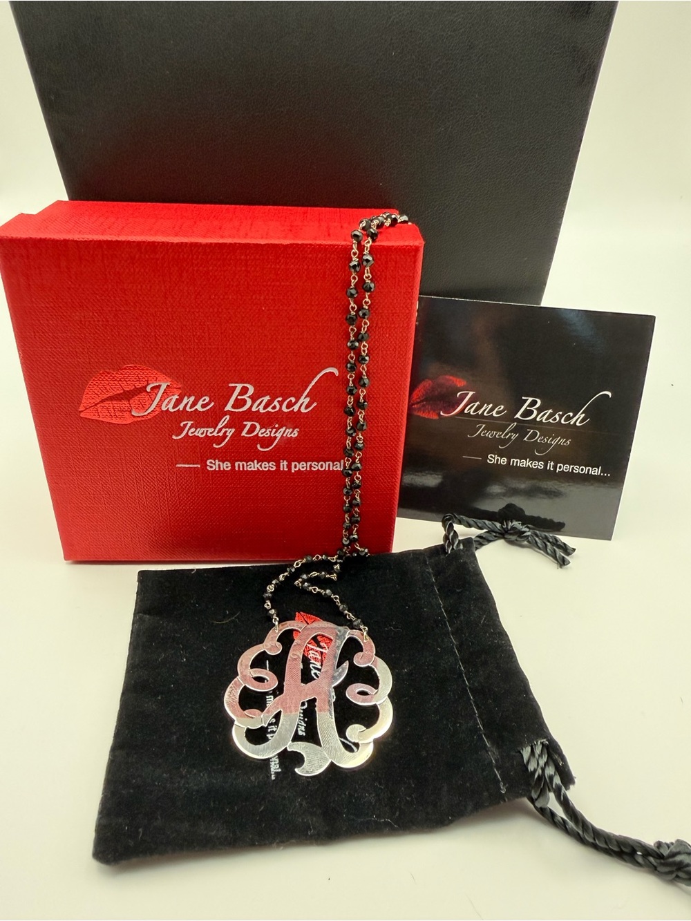 Jane Basch Silver Monogram “A” 16 inch Pendant Necklace - Black Accent Beads